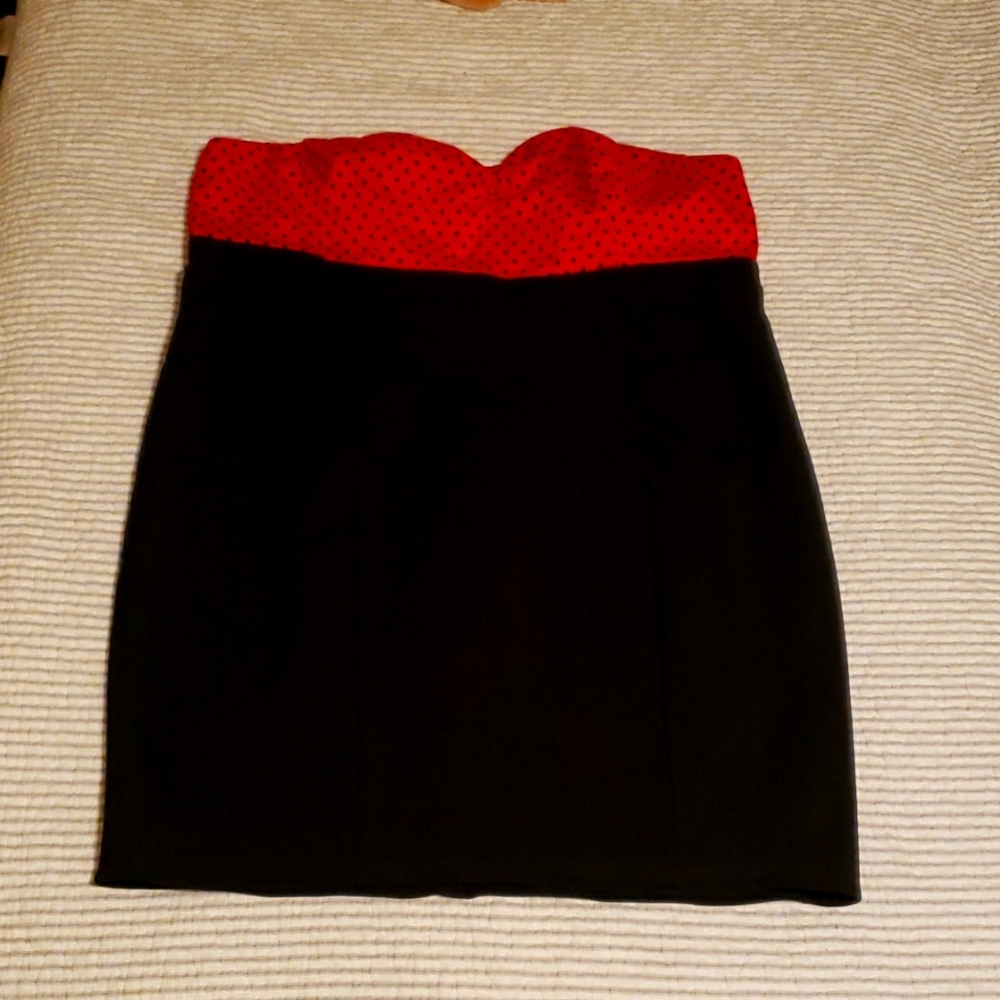 Torrid wiggle dress, retro, vintage, 50s pinup girl, red and black, polkadot